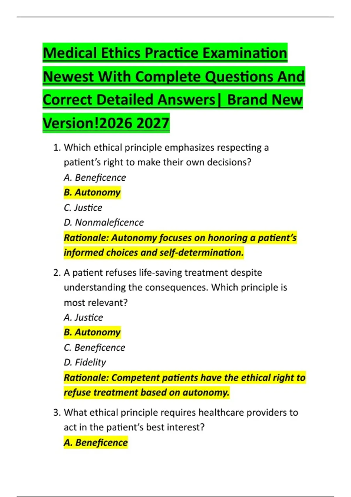 Medical Ethics Practice Examination Newest With Complete Questions And Correct Detailed Answers ...