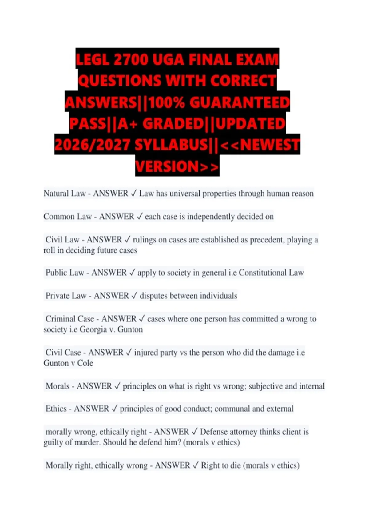 LEGL 2700 UGA FINAL EXAM QUESTIONS WITH CORRECT ANSWERS||100% ...