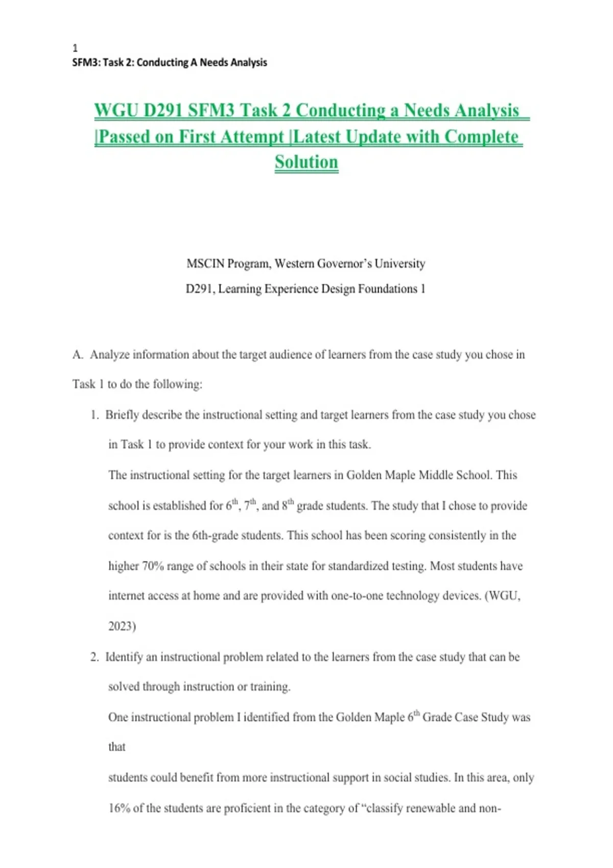 WGU D291 SFM3 Task 2 Conducting a Needs Analysis |Passed on First ...