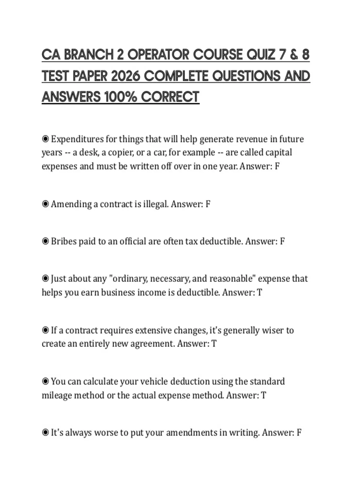 CA BRANCH 2 OPERATOR COURSE QUIZ 7 & 8 TEST PAPER 2026 COMPLETE ...