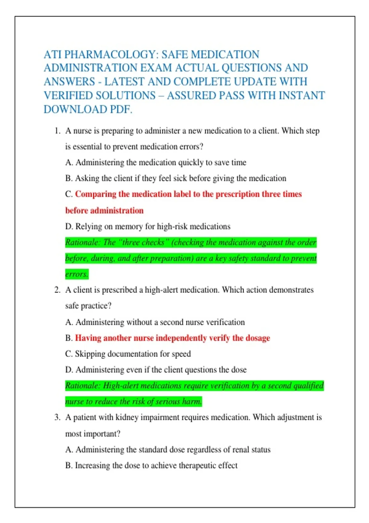 ATI PHARMACOLOGY: SAFE MEDICATION ADMINISTRATION EXAM ACTUAL QUESTIONS ...