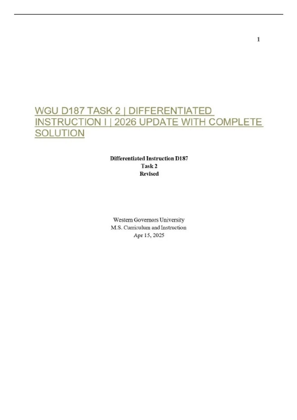 WGU D187 TASK 2 | DIFFERENTIATED INSTRUCTION I | 2026 UPDATE WITH ...