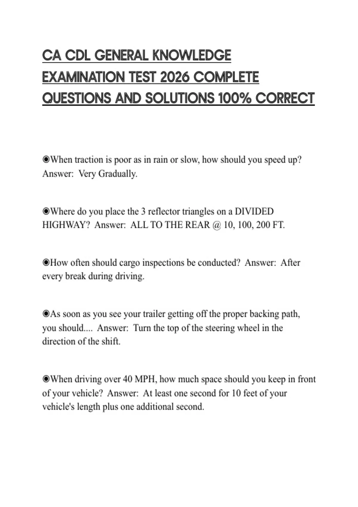CA CDL GENERAL KNOWLEDGE EXAMINATION TEST 2026 COMPLETE QUESTIONS AND ...