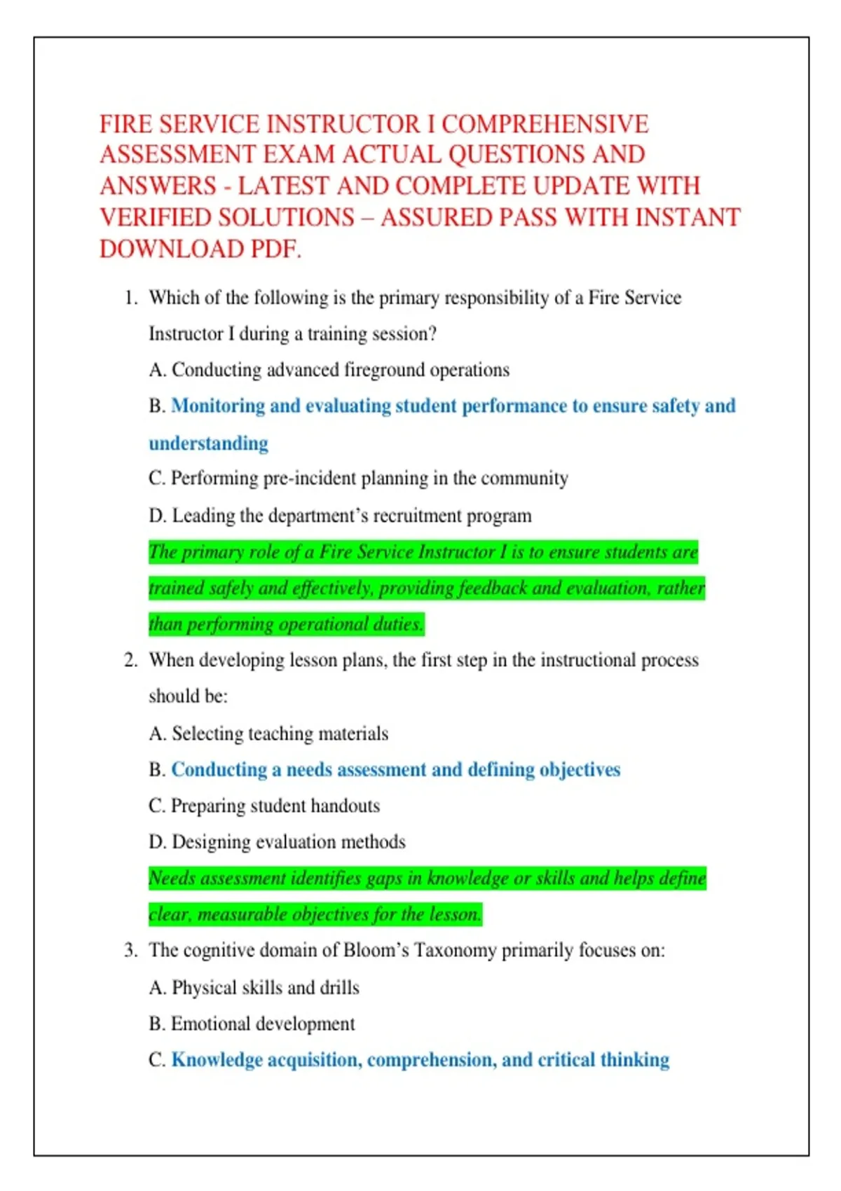 FIRE SERVICE INSTRUCTOR I COMPREHENSIVE ASSESSMENT EXAM ACTUAL ...