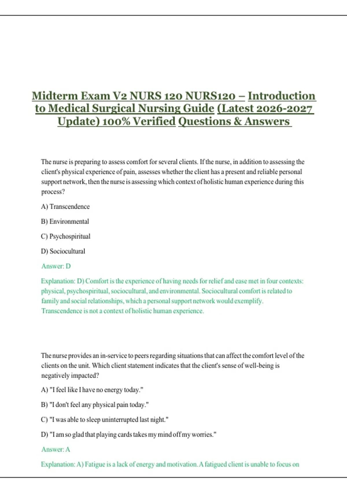 Midterm Exam V2 NURS 120/NURS120 – Introduction to Medical Surgical ...
