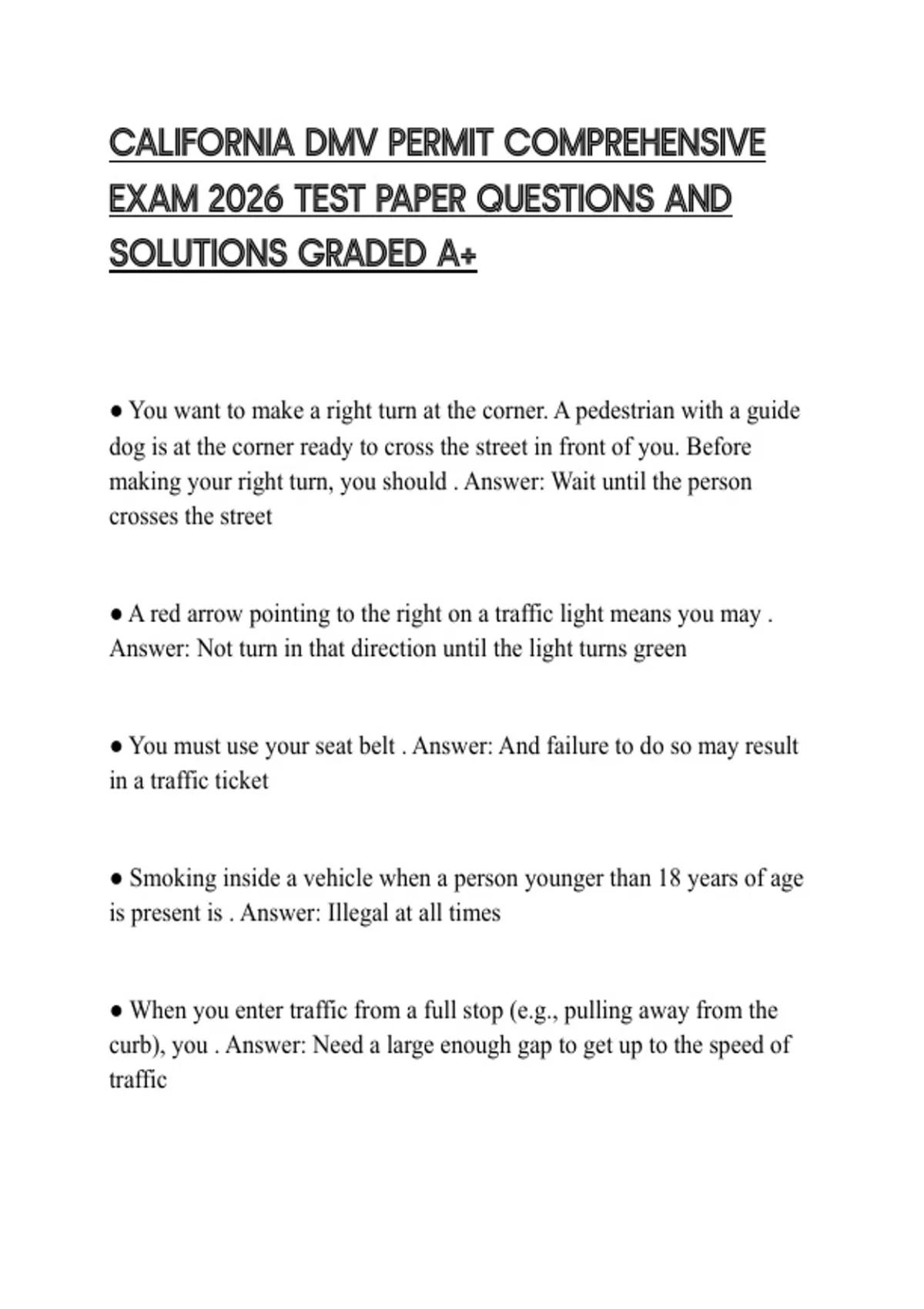 CALIFORNIA DMV PERMIT COMPREHENSIVE EXAM 2026 TEST PAPER QUESTIONS AND ...