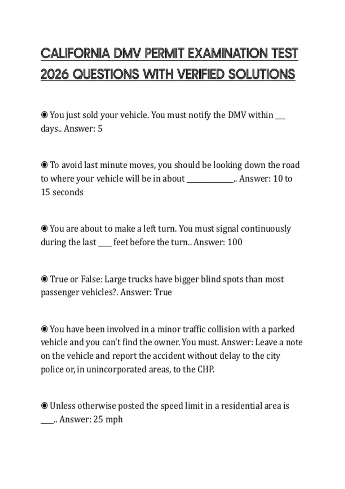 CALIFORNIA DMV PERMIT EXAMINATION TEST 2026 QUESTIONS WITH VERIFIED ...