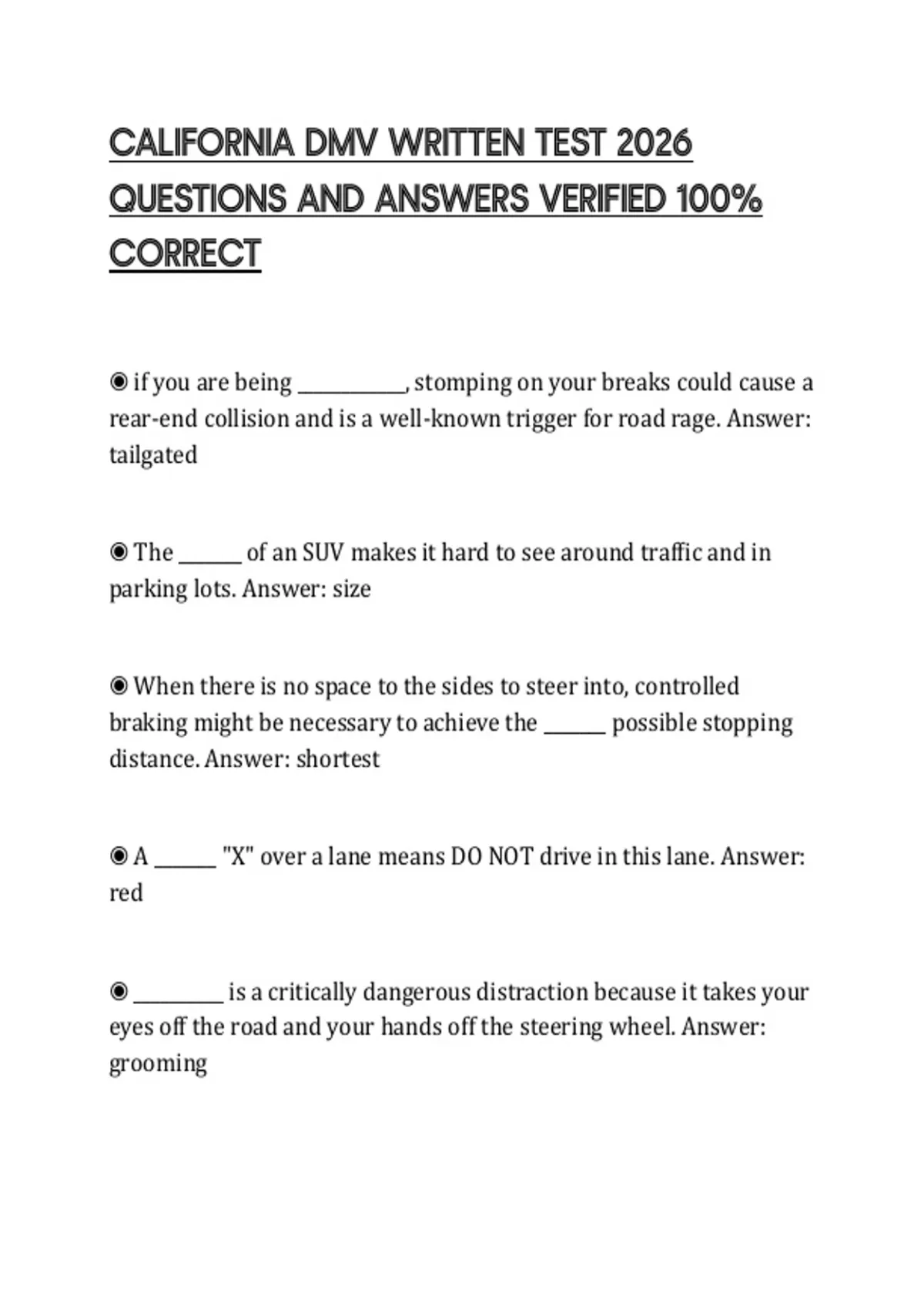 CALIFORNIA DMV WRITTEN TEST 2026 QUESTIONS AND ANSWERS VERIFIED 100% ...