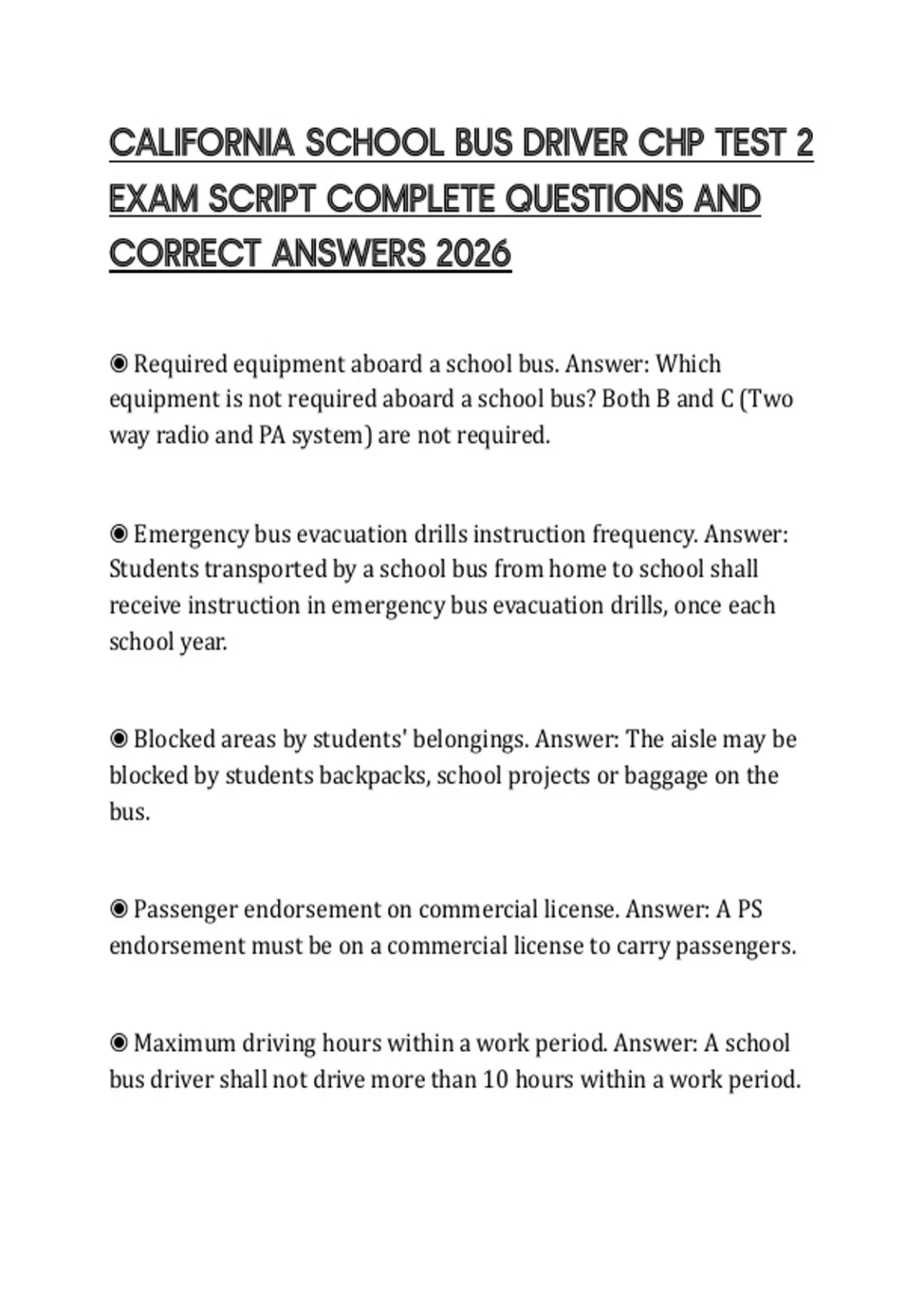 CALIFORNIA SCHOOL BUS DRIVER CHP TEST 2 EXAM SCRIPT COMPLETE QUESTIONS ...