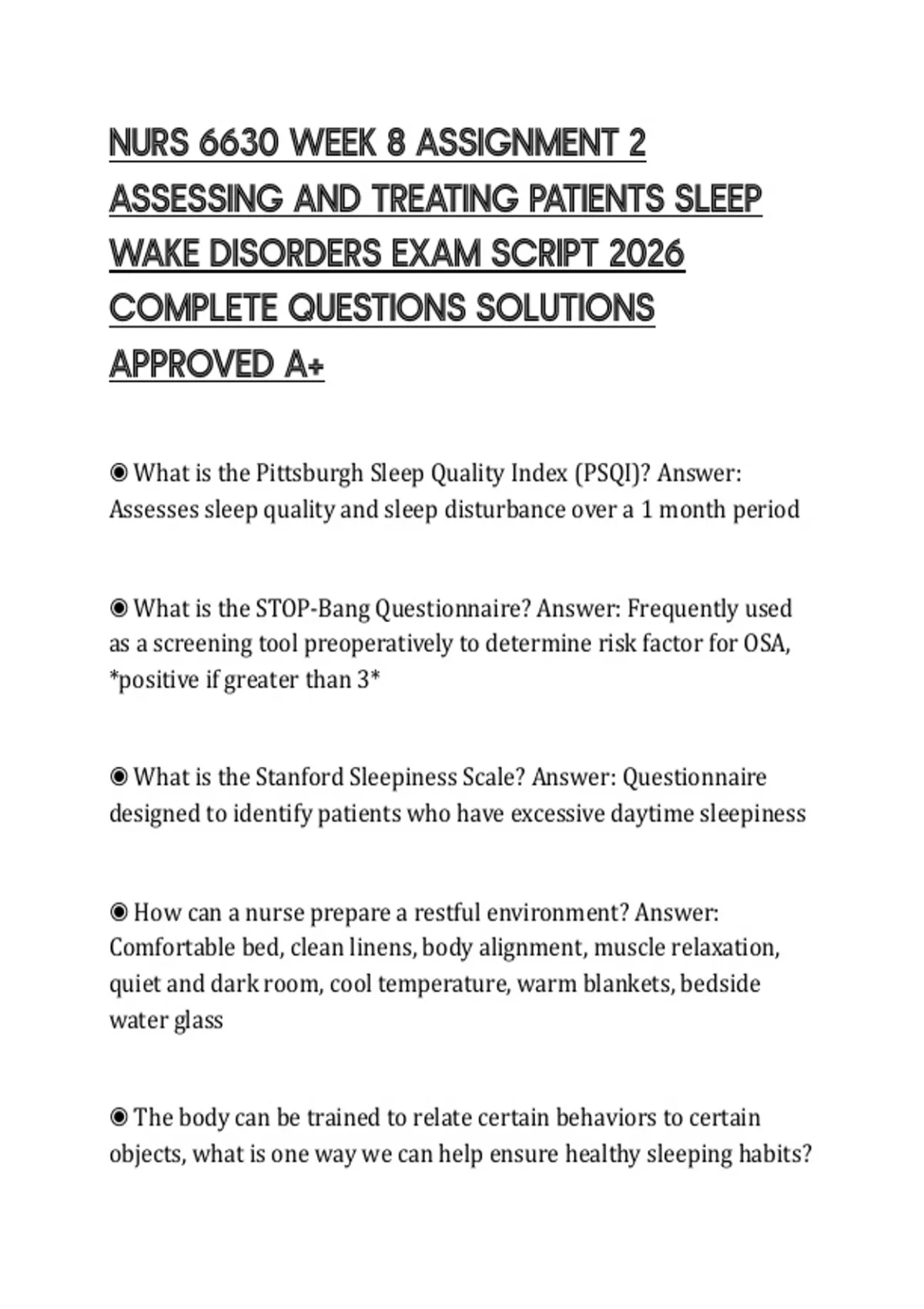 NURS 6630 WEEK 8 ASSIGNMENT 2 ASSESSING AND TREATING PATIENTS SLEEP ...