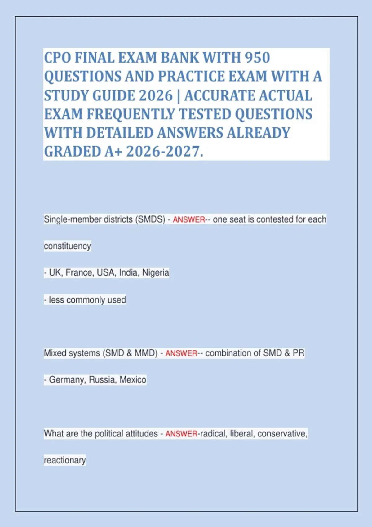 CPO Final Exam Question Bank 2026–2027: 950 Practice Questions with ...