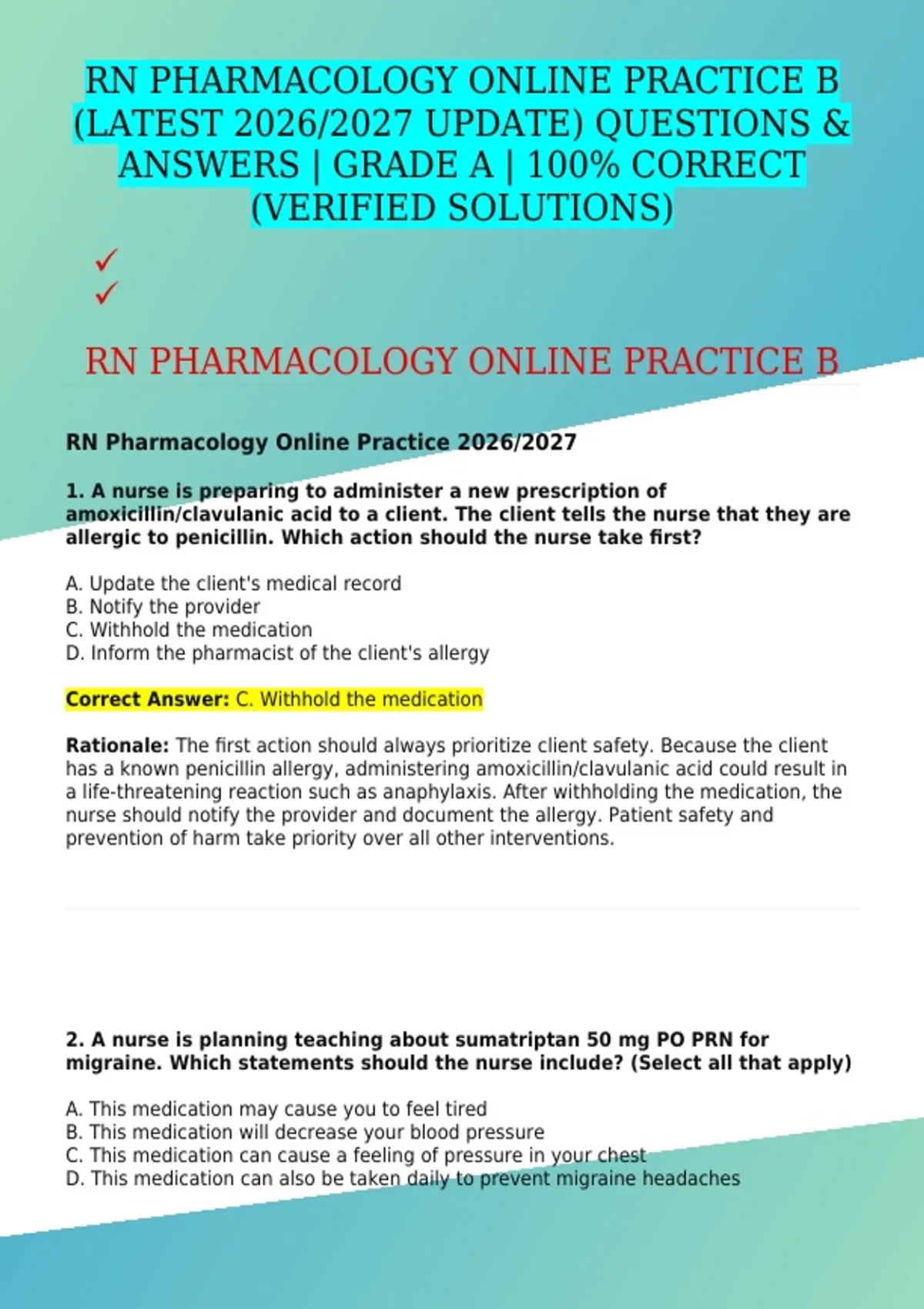 RN PHARMACOLOGY ONLINE PRACTICE B (LATEST 2026/2027 UPDATE) QUESTIONS ...