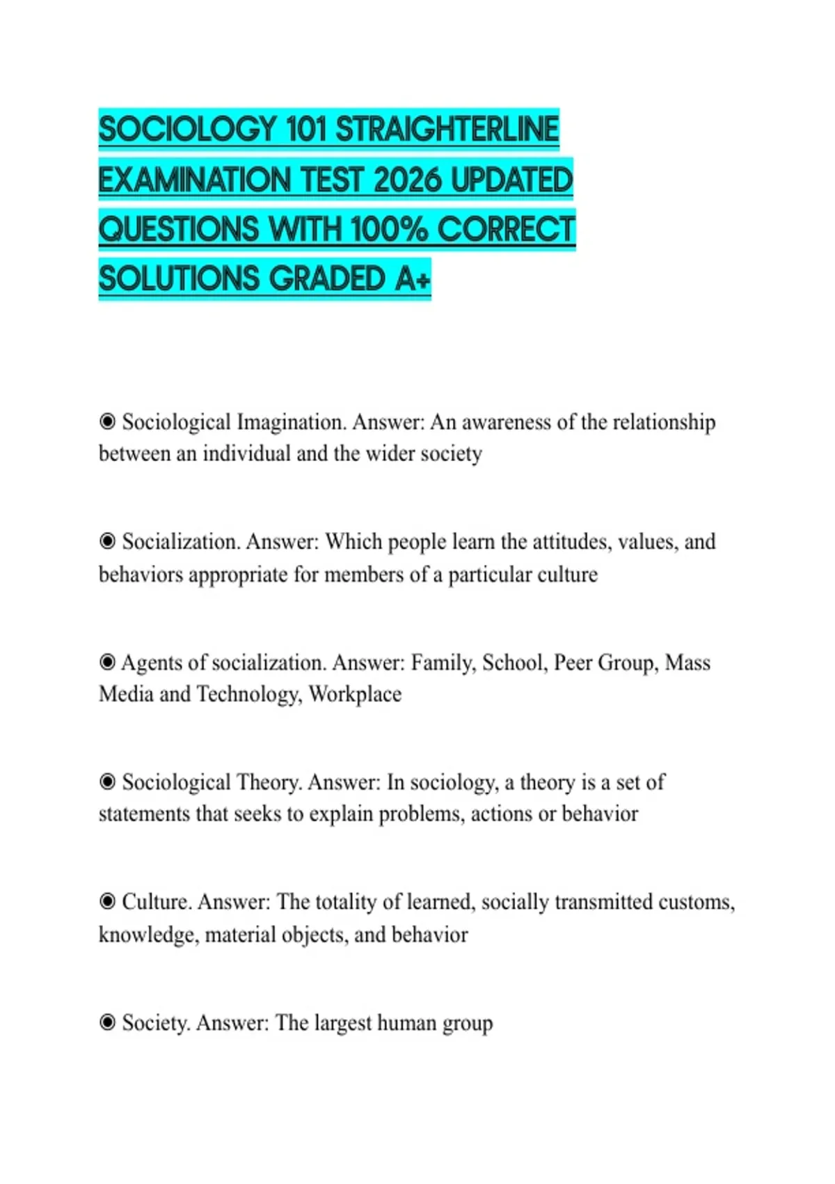 SOCIOLOGY 101 STRAIGHTERLINE EXAMINATION TEST 2026 UPDATED QUESTIONS ...