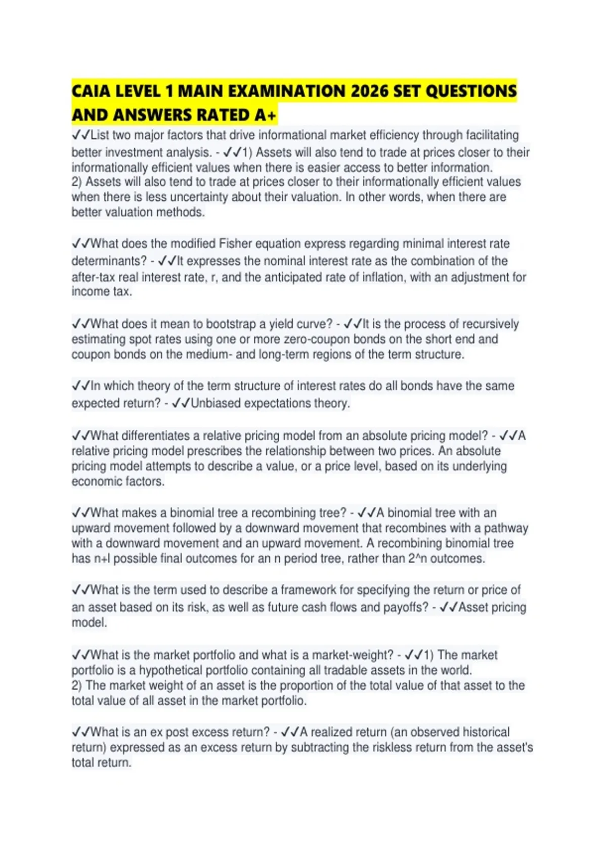 Caia Example Questions CAIA LEVEL 1 MAIN EXAMINATION 2026 SET QUESTIONS AND ANSWERS RATED ...
