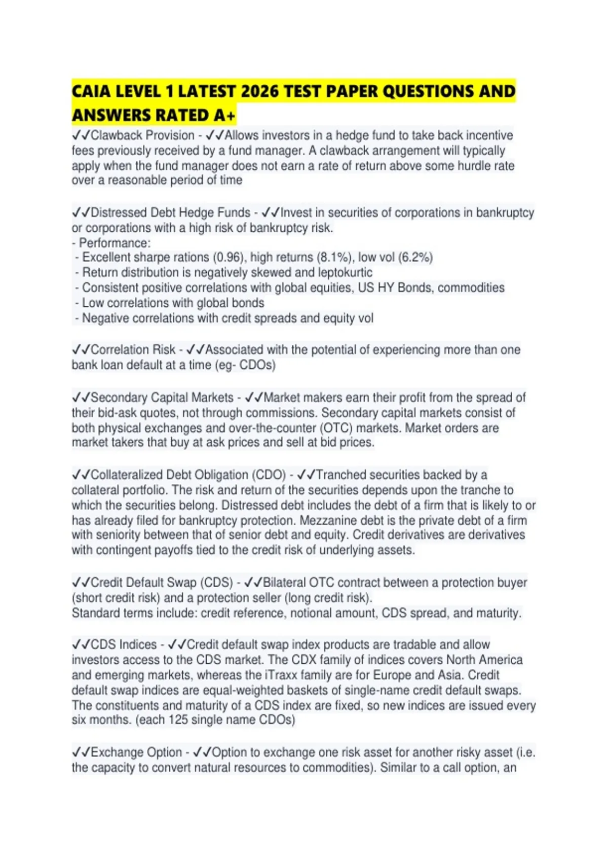 CAIA LEVEL 1 LATEST 2026 TEST PAPER QUESTIONS AND ANSWERS RATED - CAIA ...