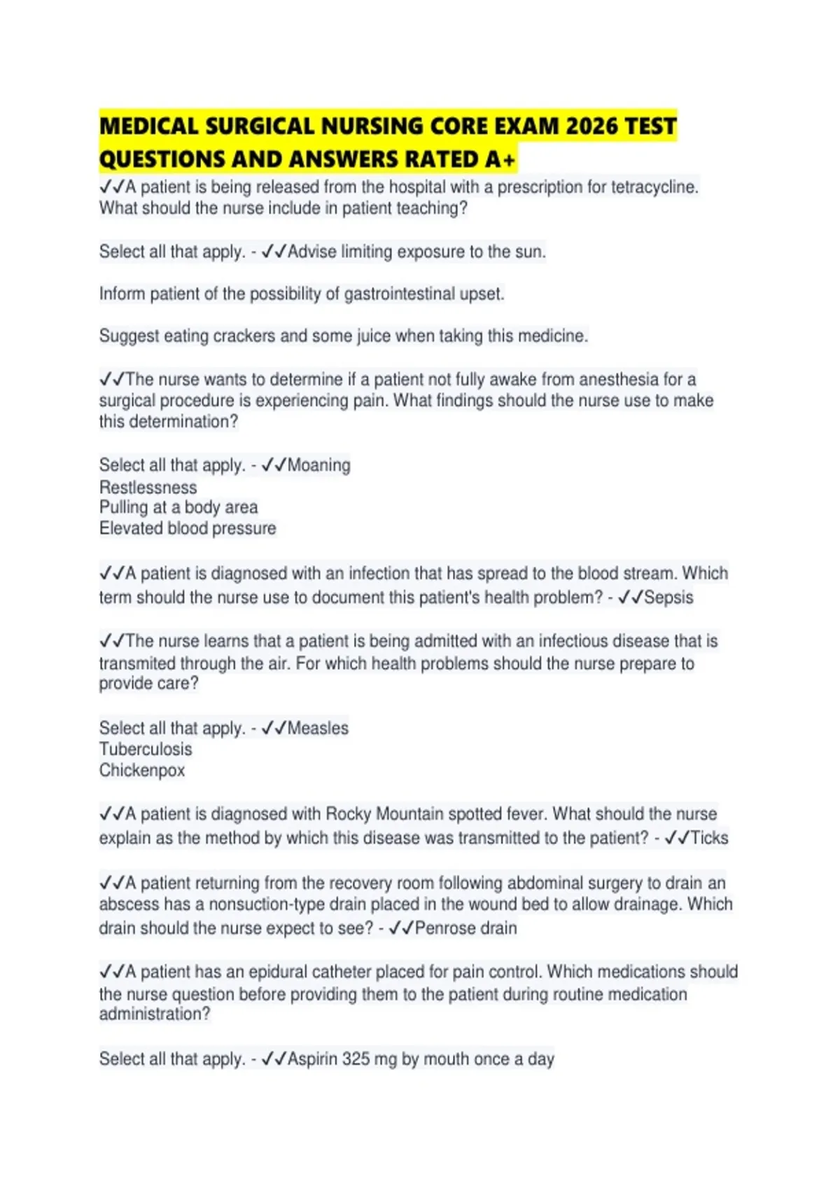 MEDICAL SURGICAL NURSING CORE EXAM 2026 TEST QUESTIONS AND ANSWERS ...