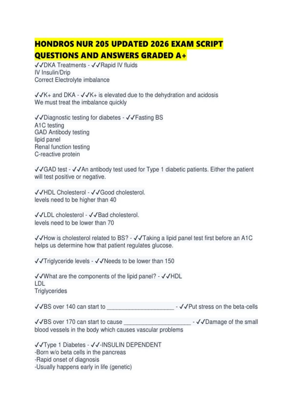 HONDROS NUR 205 UPDATED 2026 EXAM SCRIPT QUESTIONS AND ANSWERS GRADED ...