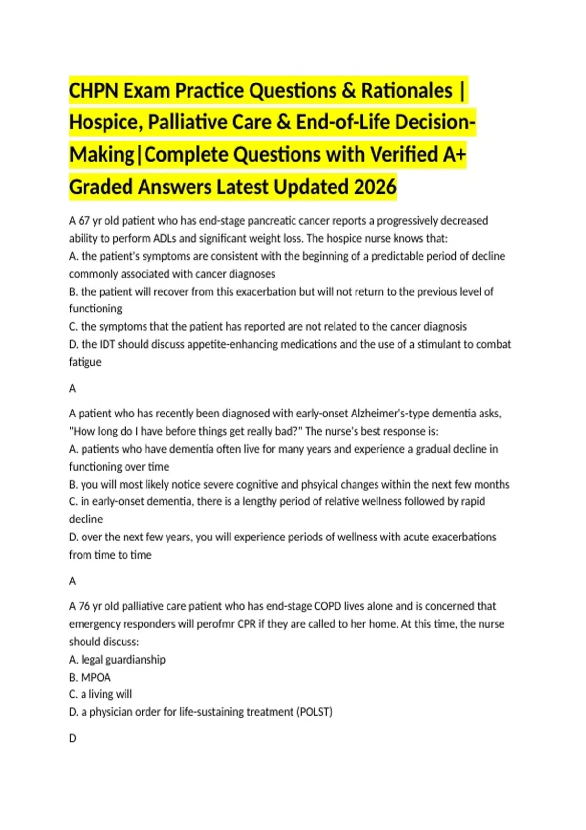 CHPN Exam Practice Questions & Rationales | Hospice, Palliative Care ...