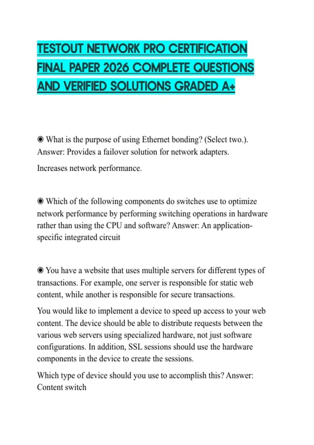 TESTOUT NETWORK PRO CERTIFICATION FINAL PAPER 2026 COMPLETE QUESTIONS ...