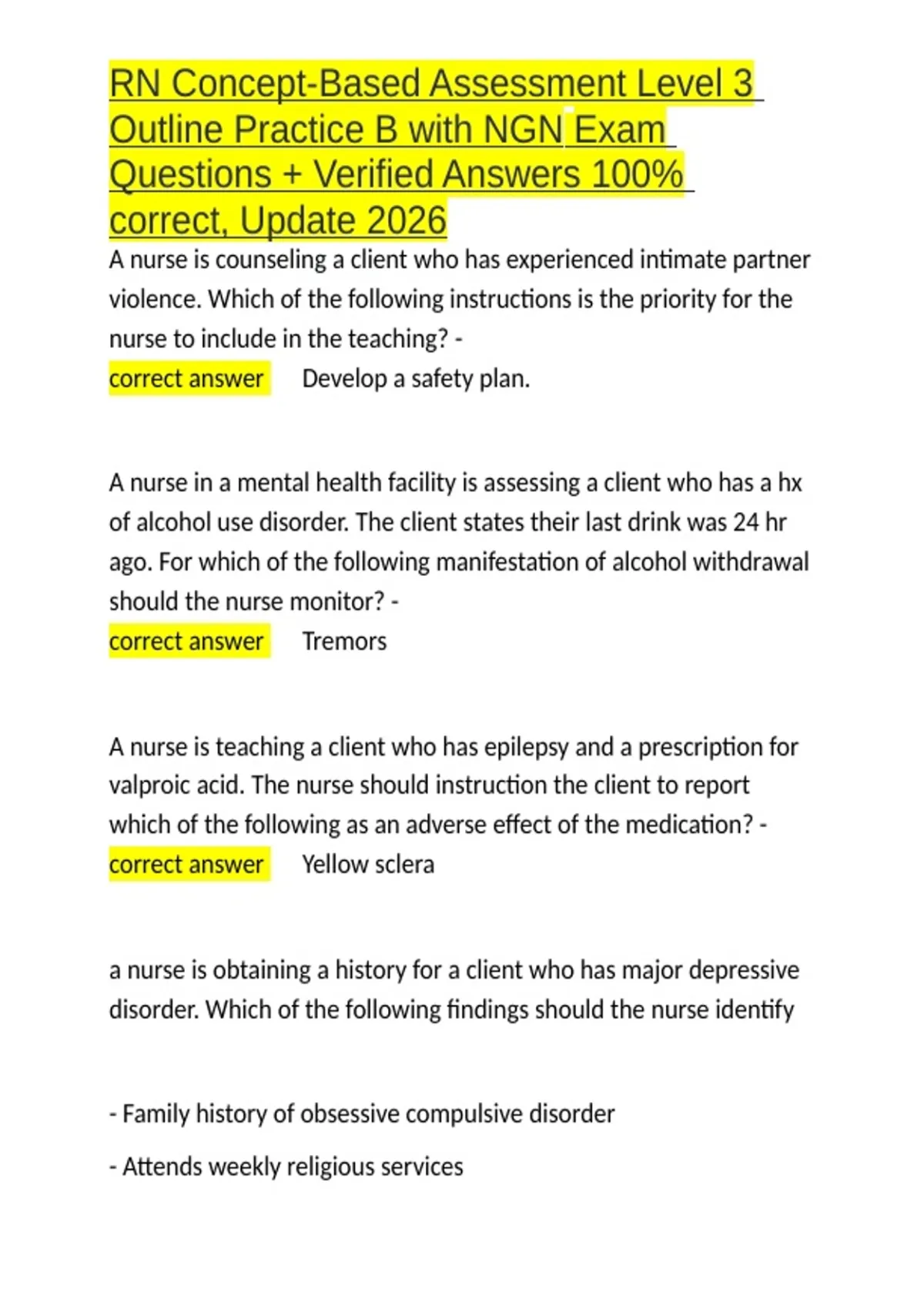 RN Concept-Based Assessment Level 3 Outline Practice B with NGN Exam ...