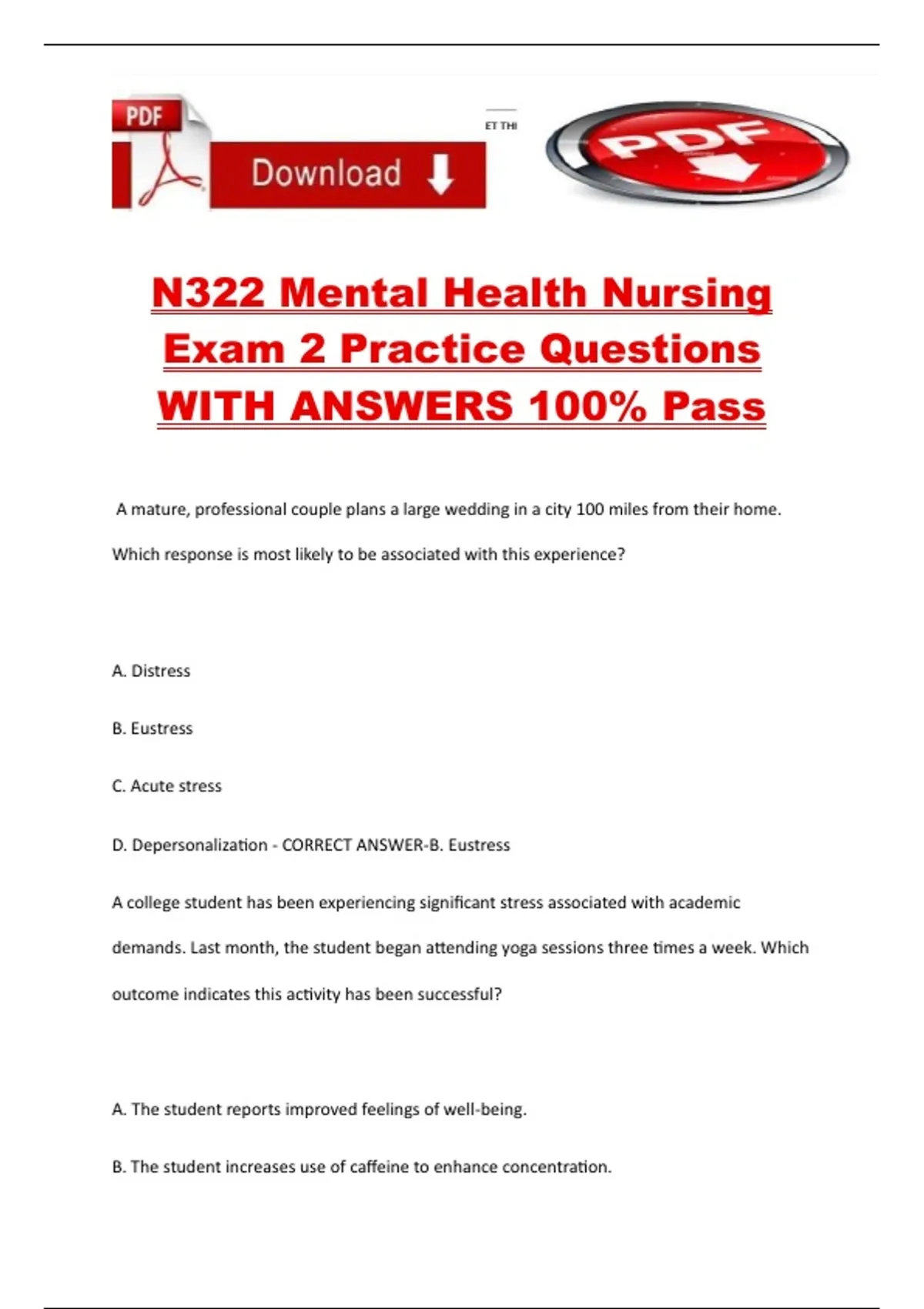N322 Mental Health Nursing Exam 2 Practice Questions WITH ANSWERS 100% ...