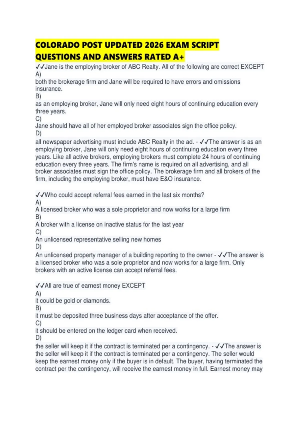 COLORADO POST UPDATED 2026 EXAM SCRIPT QUESTIONS AND ANSWERS RATED A ...