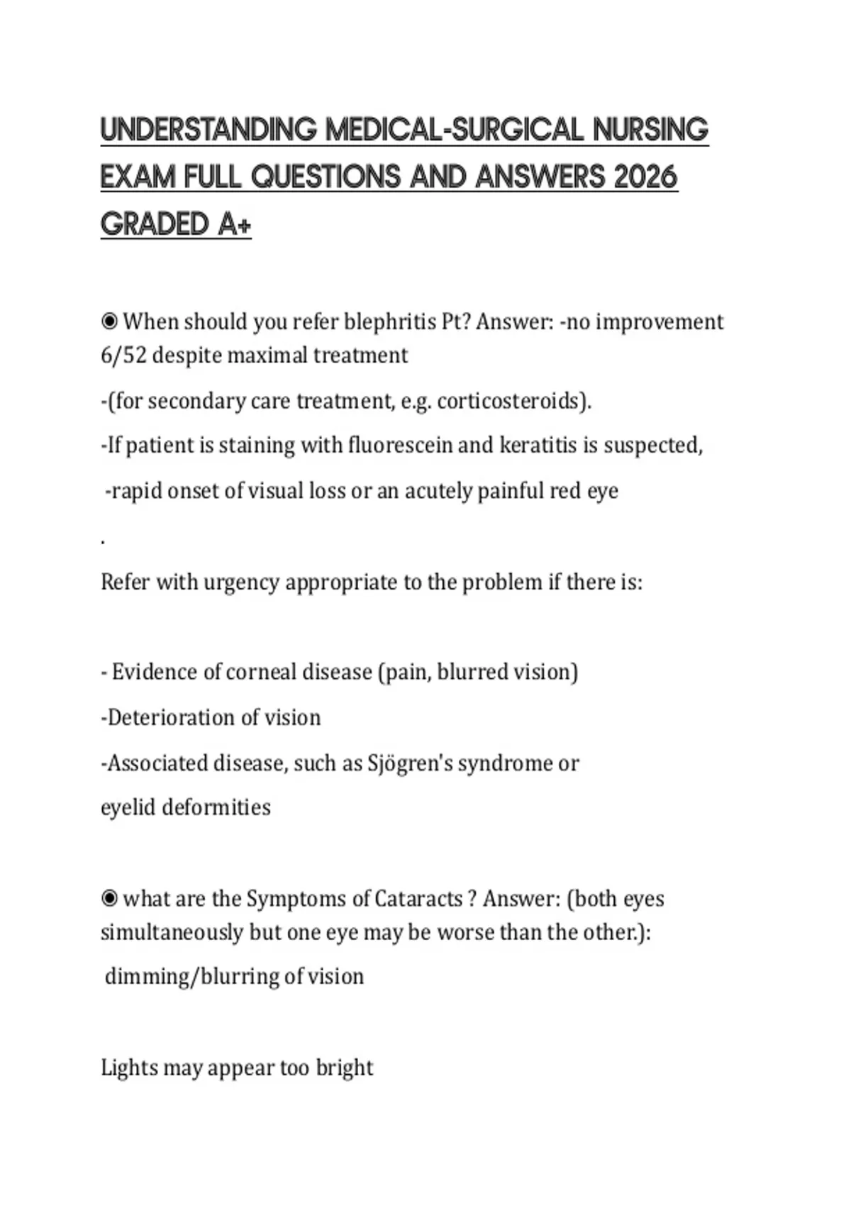 UNDERSTANDING MEDICAL-SURGICAL NURSING EXAM FULL QUESTIONS AND ANSWERS ...