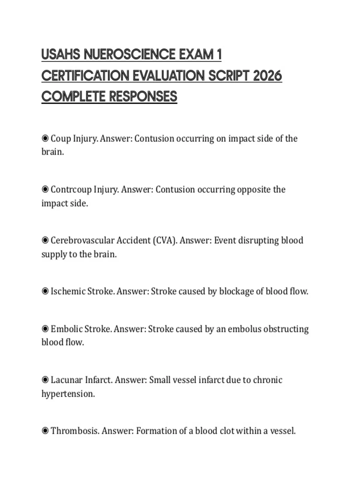 USAHS NUEROSCIENCE EXAM 1 CERTIFICATION EVALUATION SCRIPT 2026 COMPLETE ...