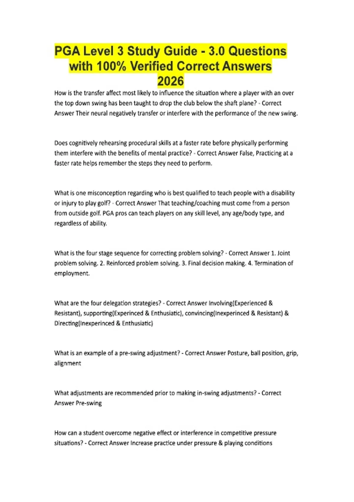 PGA Level 3 Study Guide - 3.0 Questions with 100% Verified Correct ...