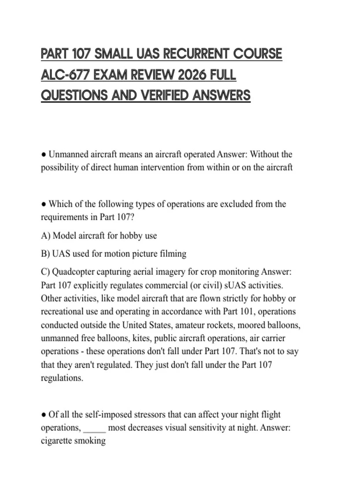 PART 107 SMALL UAS RECURRENT COURSE ALC-677 EXAM REVIEW 2026 FULL ...