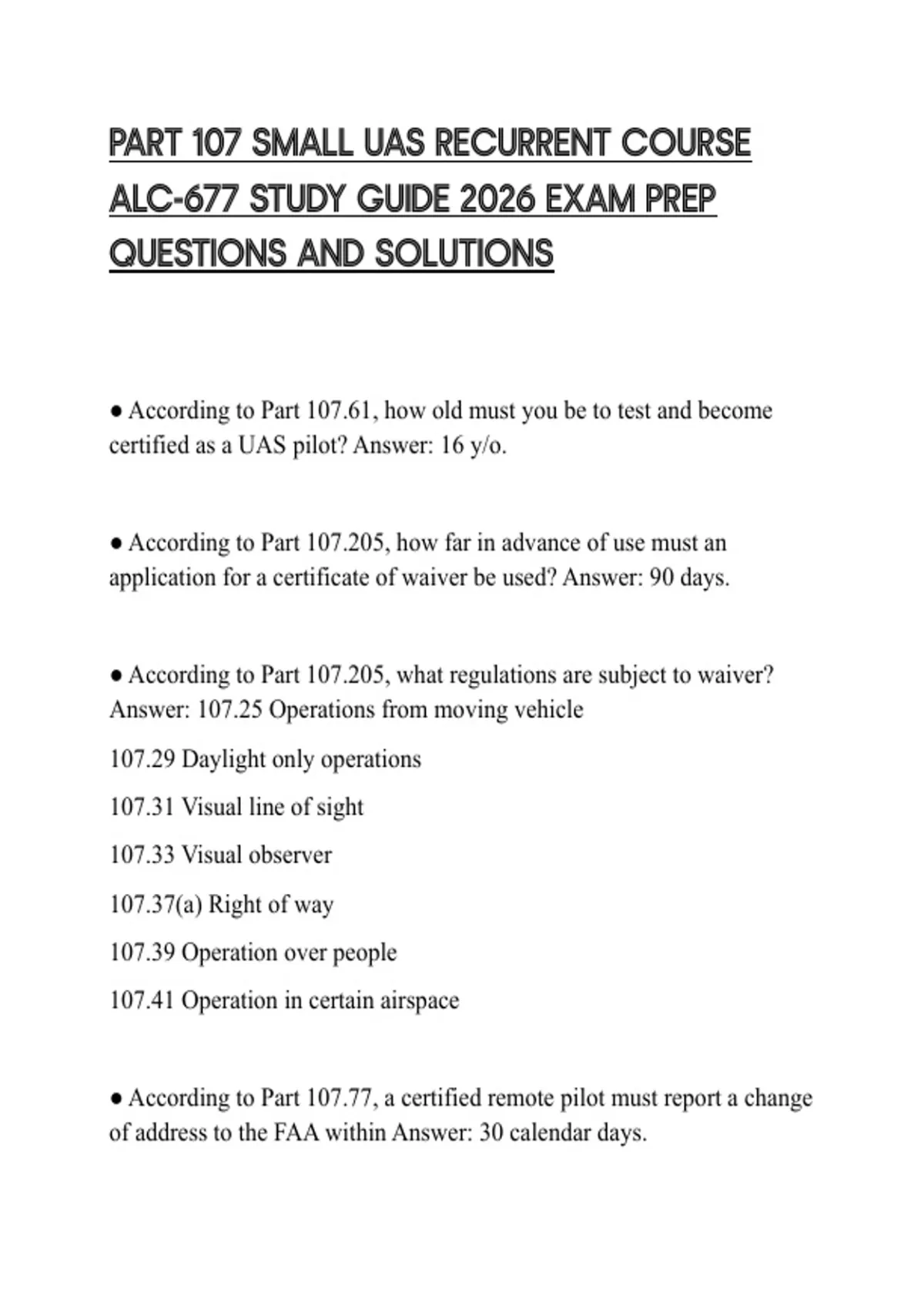 PART 107 SMALL UAS RECURRENT COURSE ALC-677 STUDY GUIDE 2026 EXAM PREP ...
