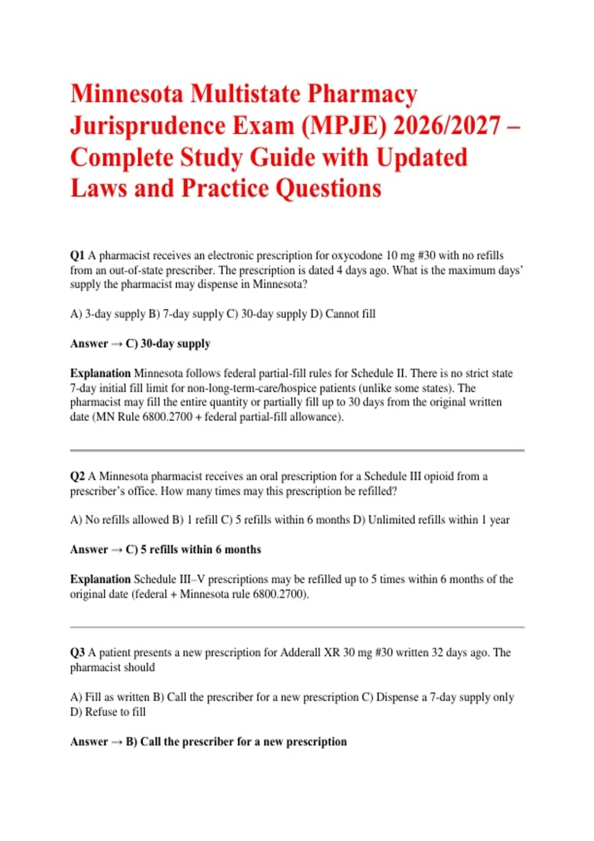 Minnesota Multistate Pharmacy Jurisprudence Exam (MPJE) 2026/2027 – Complete Study Guide with ...