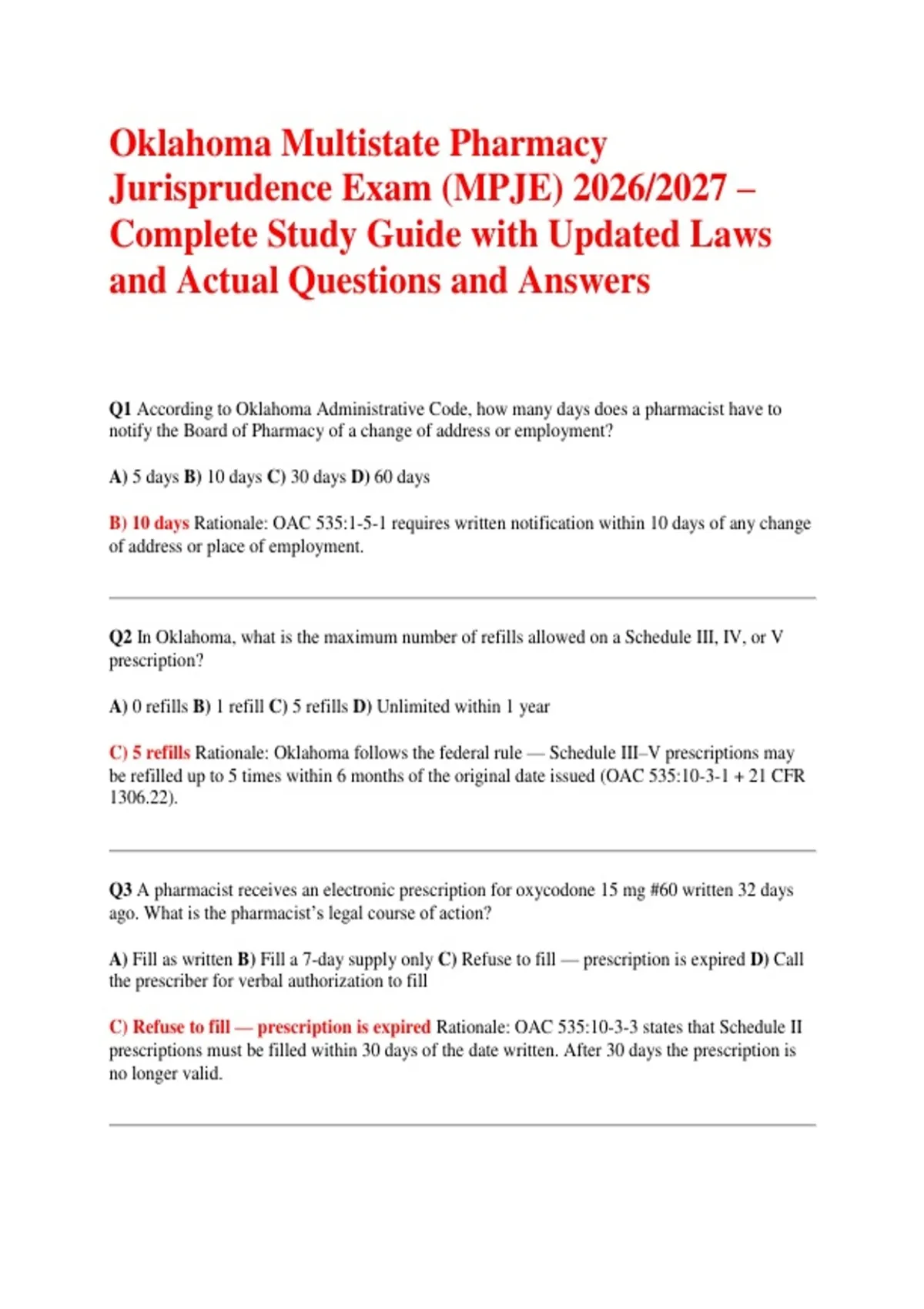 Oklahoma Multistate Pharmacy Jurisprudence Exam (MPJE) 2026/2027 – Complete Study Guide with ...