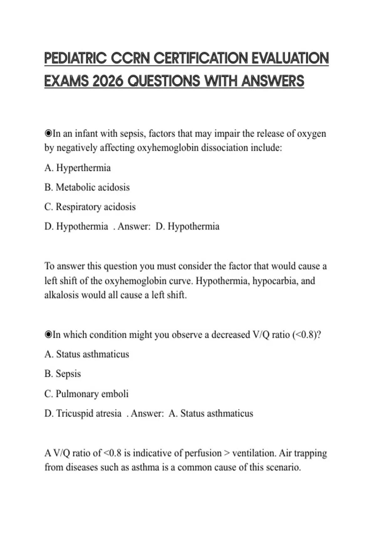 PEDIATRIC CCRN CERTIFICATION EVALUATION EXAMS 2026 QUESTIONS WITH ...