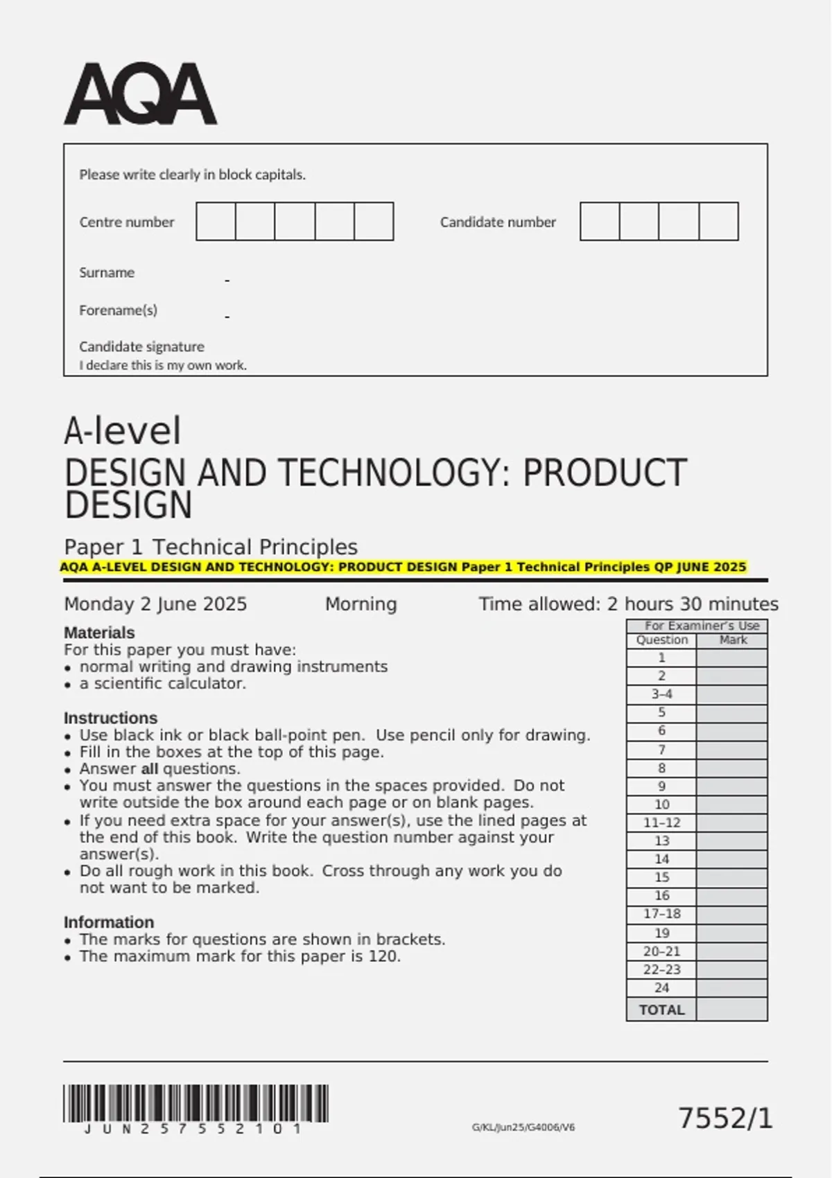 AQA A-LEVEL DESIGN AND TECHNOLOGY: PRODUCT DESIGN Paper 1 Technical ...
