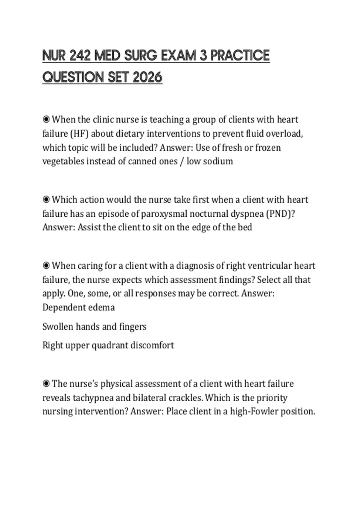 NUR 242 MED SURG EXAM 3 PRACTICE QUESTION SET 2026 - NUR 242 - Stuvia US