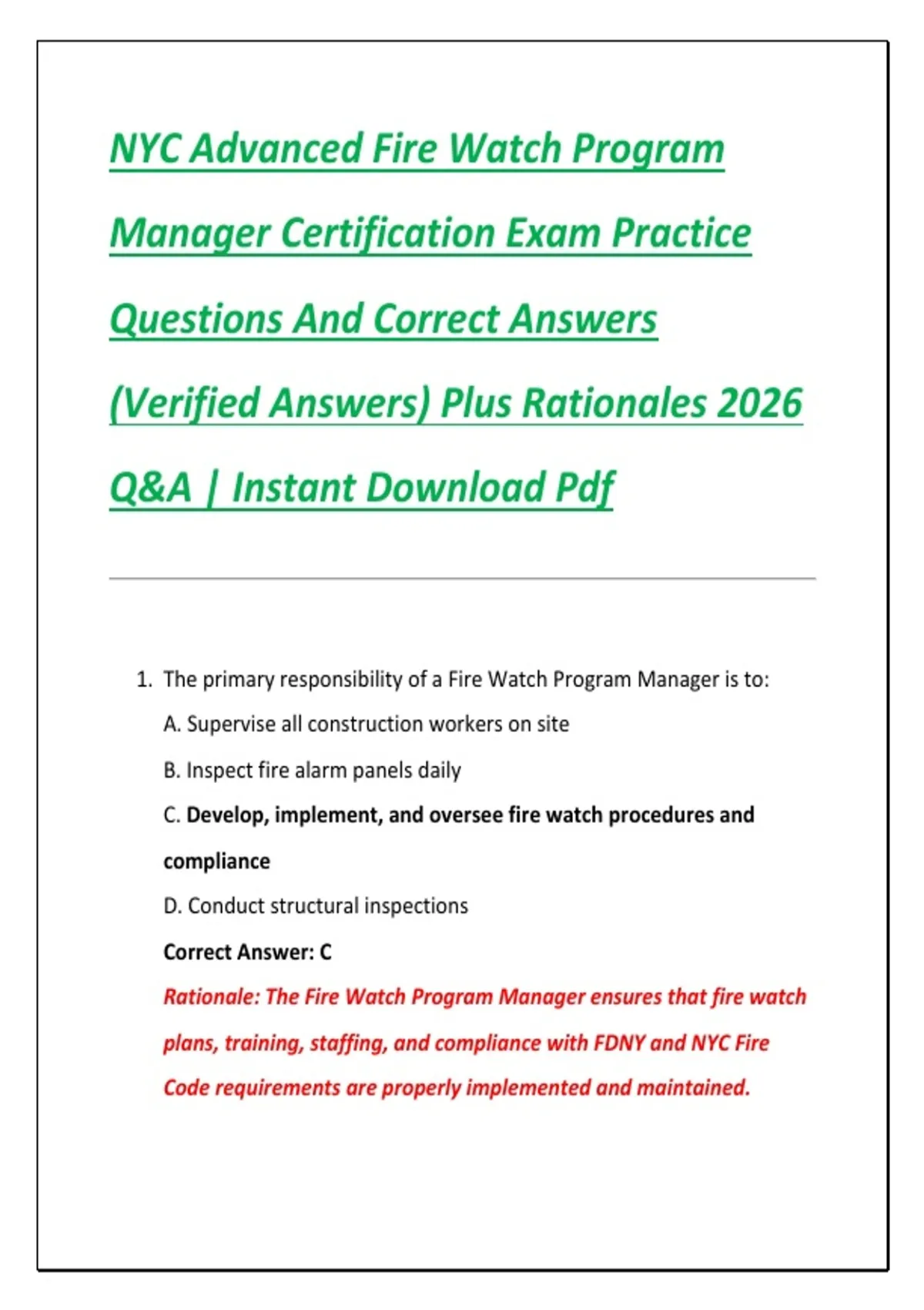 Fire Watch Program NYC Advanced Fire Watch Program Manager Certification Exam Practice ...