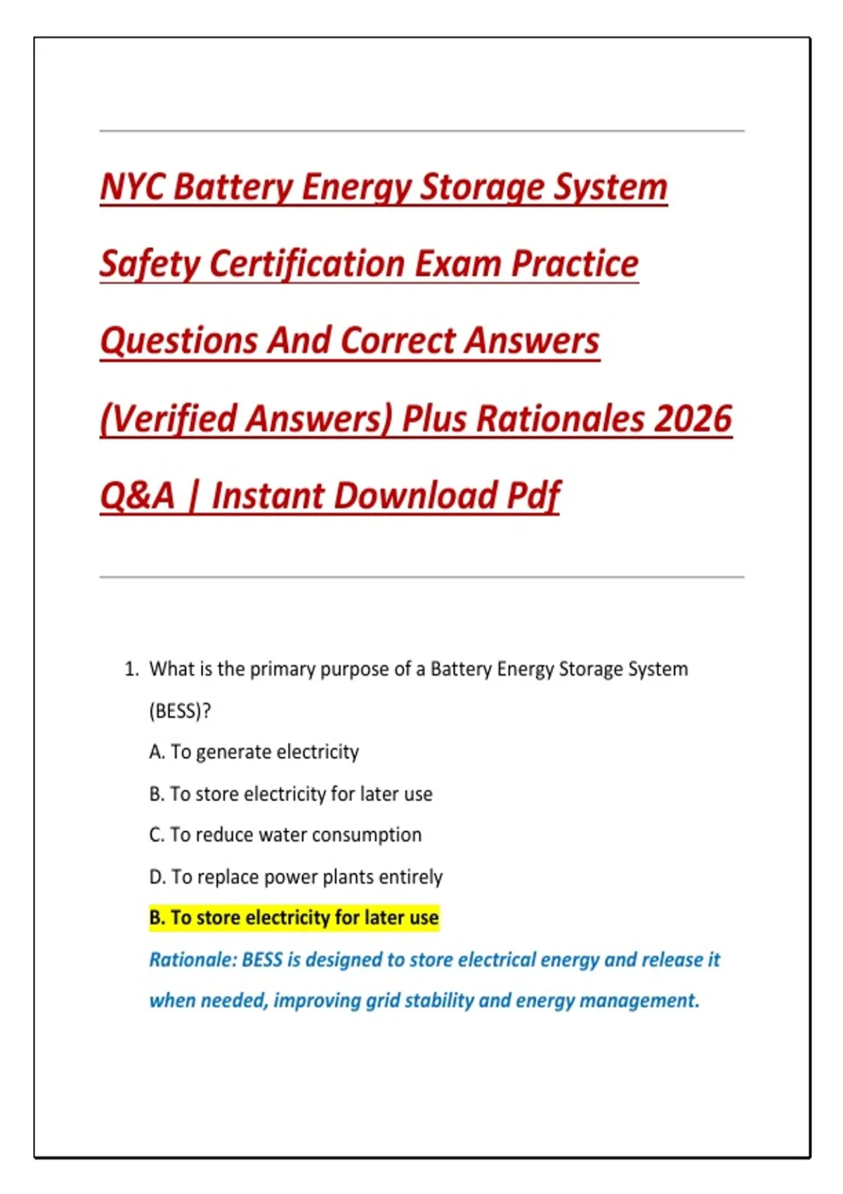 NYC Battery Energy Storage System Safety Certification Exam Practice ...