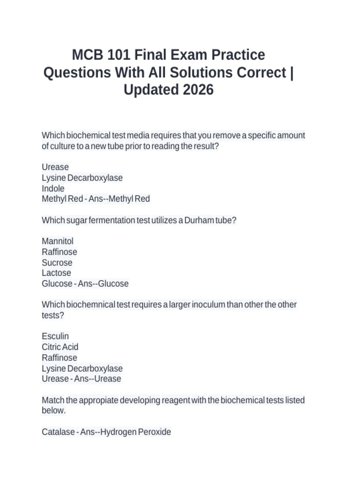 MCB 101 Final Exam Practice Questions With All Solutions Correct ...