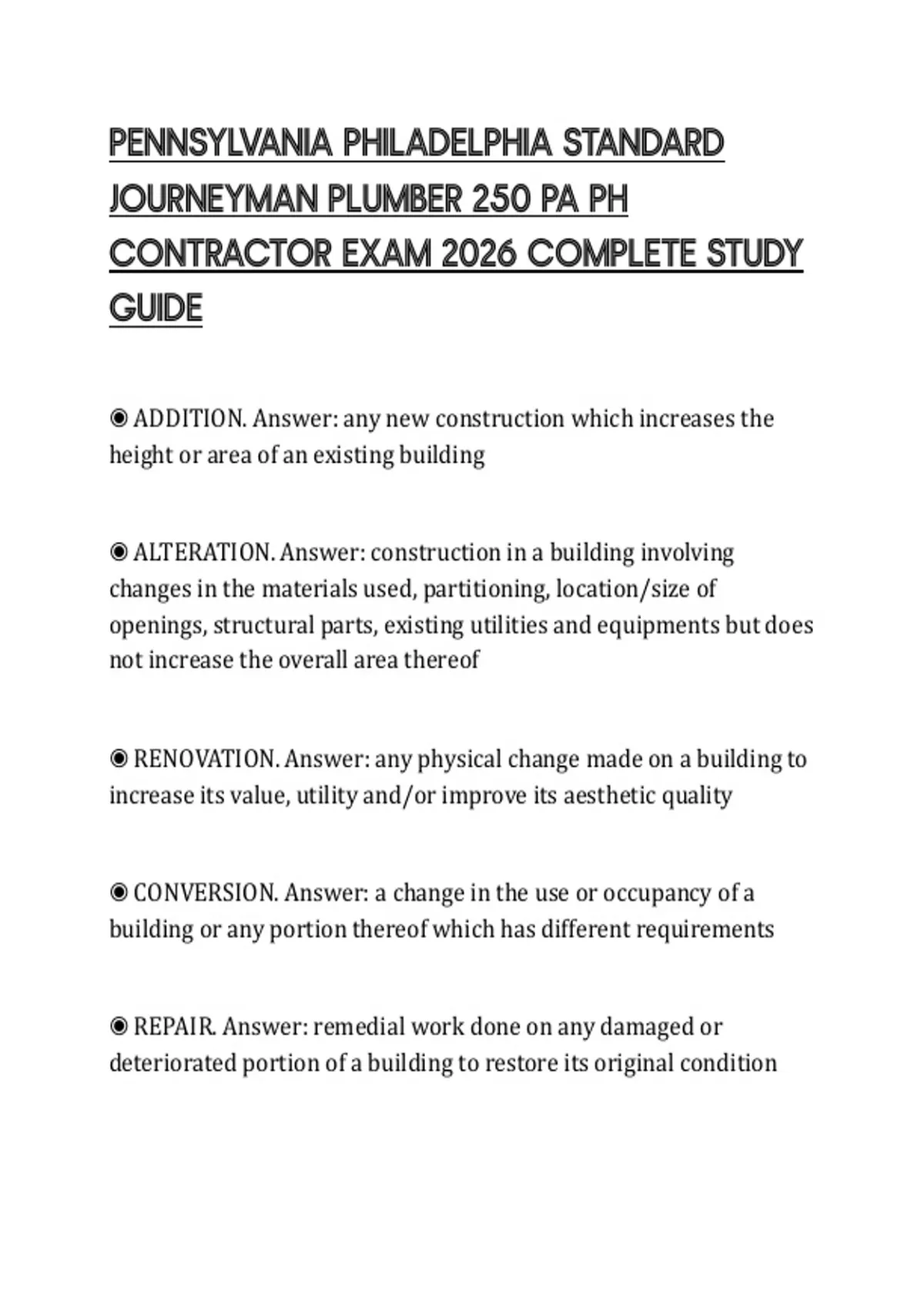 PENNSYLVANIA PHILADELPHIA STANDARD JOURNEYMAN PLUMBER 250 PA PH CONTRACTOR EXAM 2026 COMPLETE ...