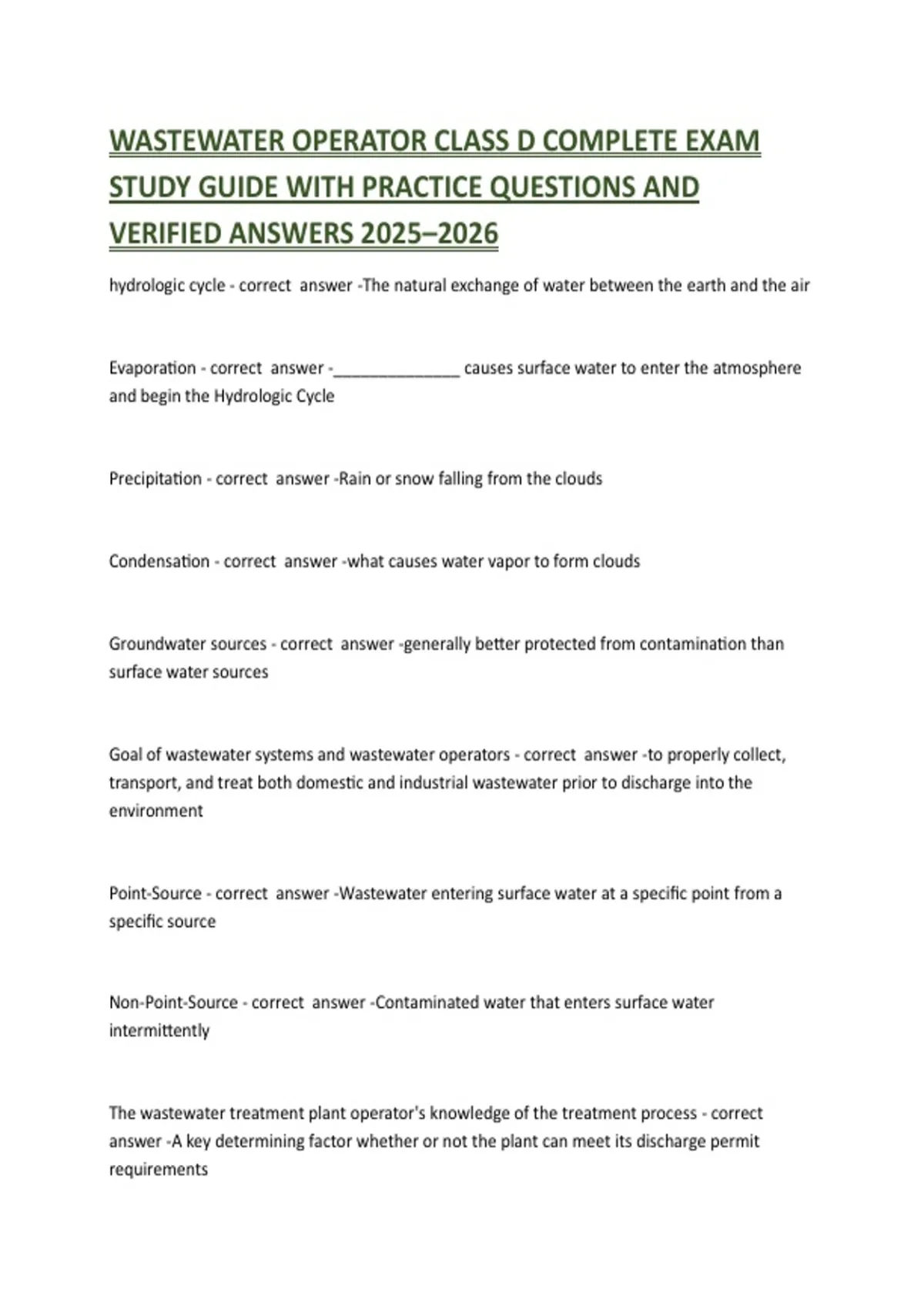 WASTEWATER OPERATOR CLASS D COMPLETE EXAM STUDY GUIDE WITH PRACTICE ...