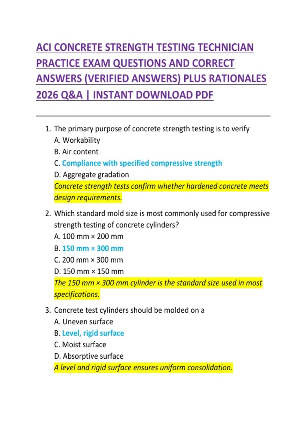 ACI CONCRETE STRENGTH TESTING TECHNICIAN PRACTICE EXAM QUESTIONS AND ...