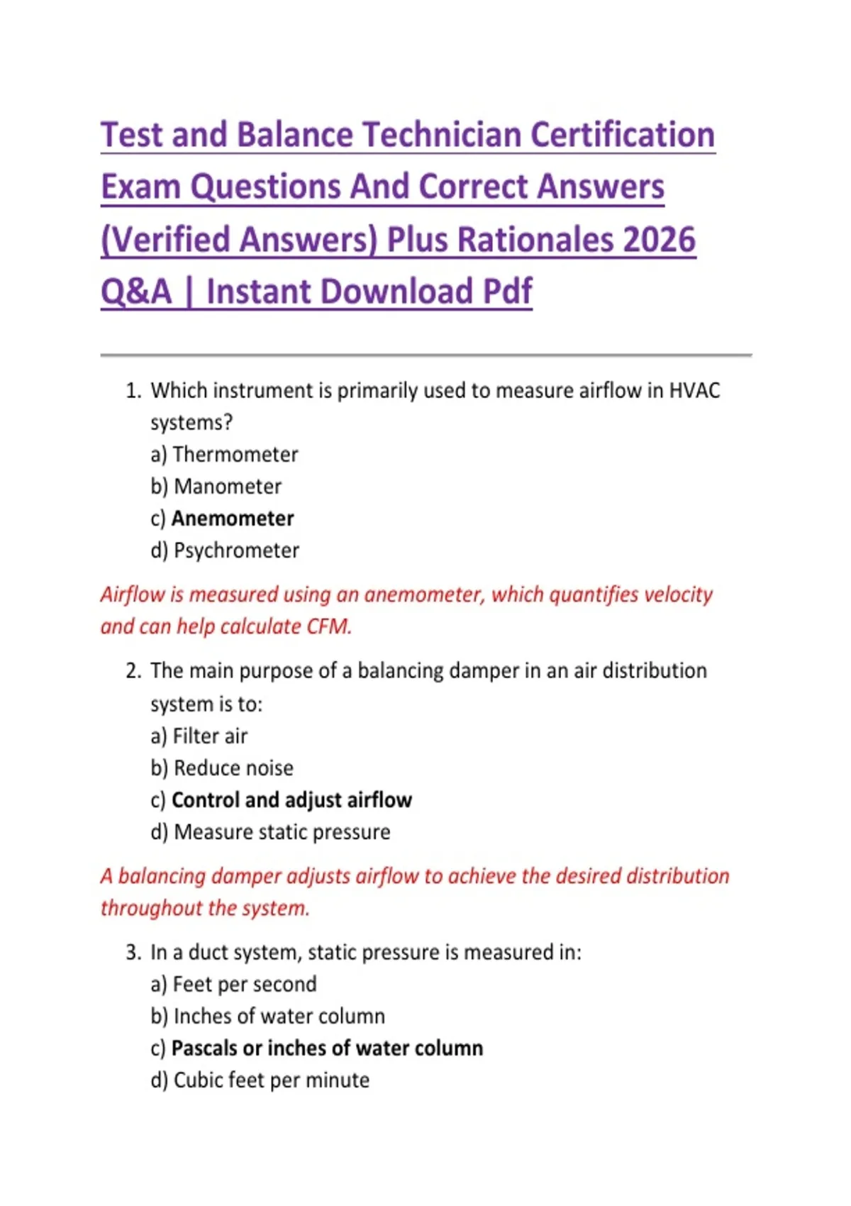 Test and Balance Technician Certification Exam Questions And Correct ...