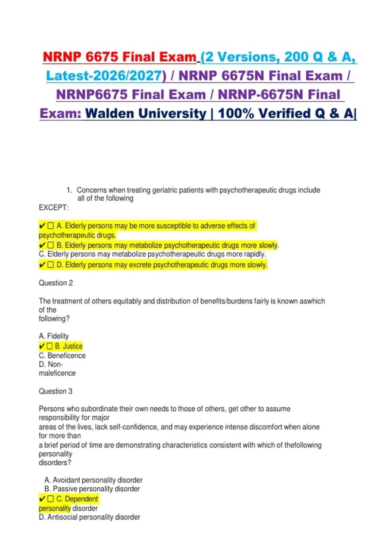 NRNP 6675 Final Exam (2 Versions, 200 Q & A, Latest-2026/2027) / NRNP ...