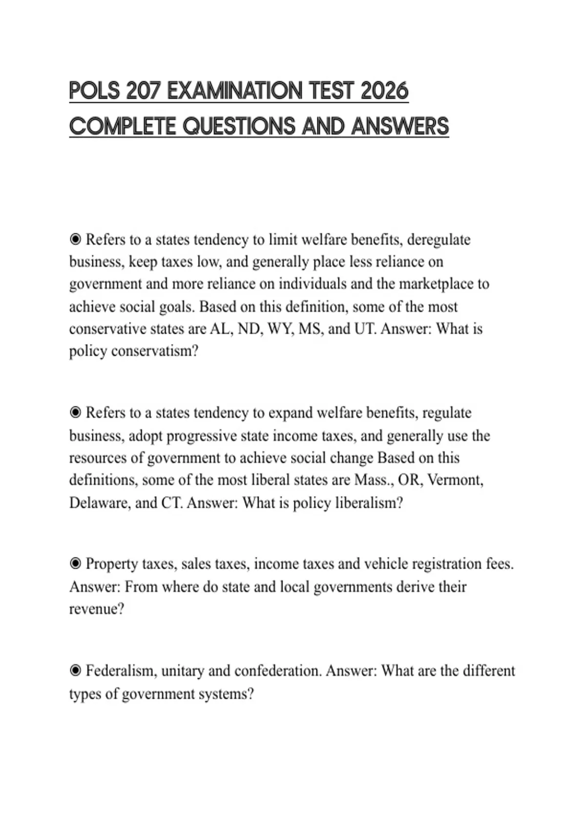 POLS 207 EXAMINATION TEST 2026 COMPLETE QUESTIONS AND ANSWERS - POLS ...