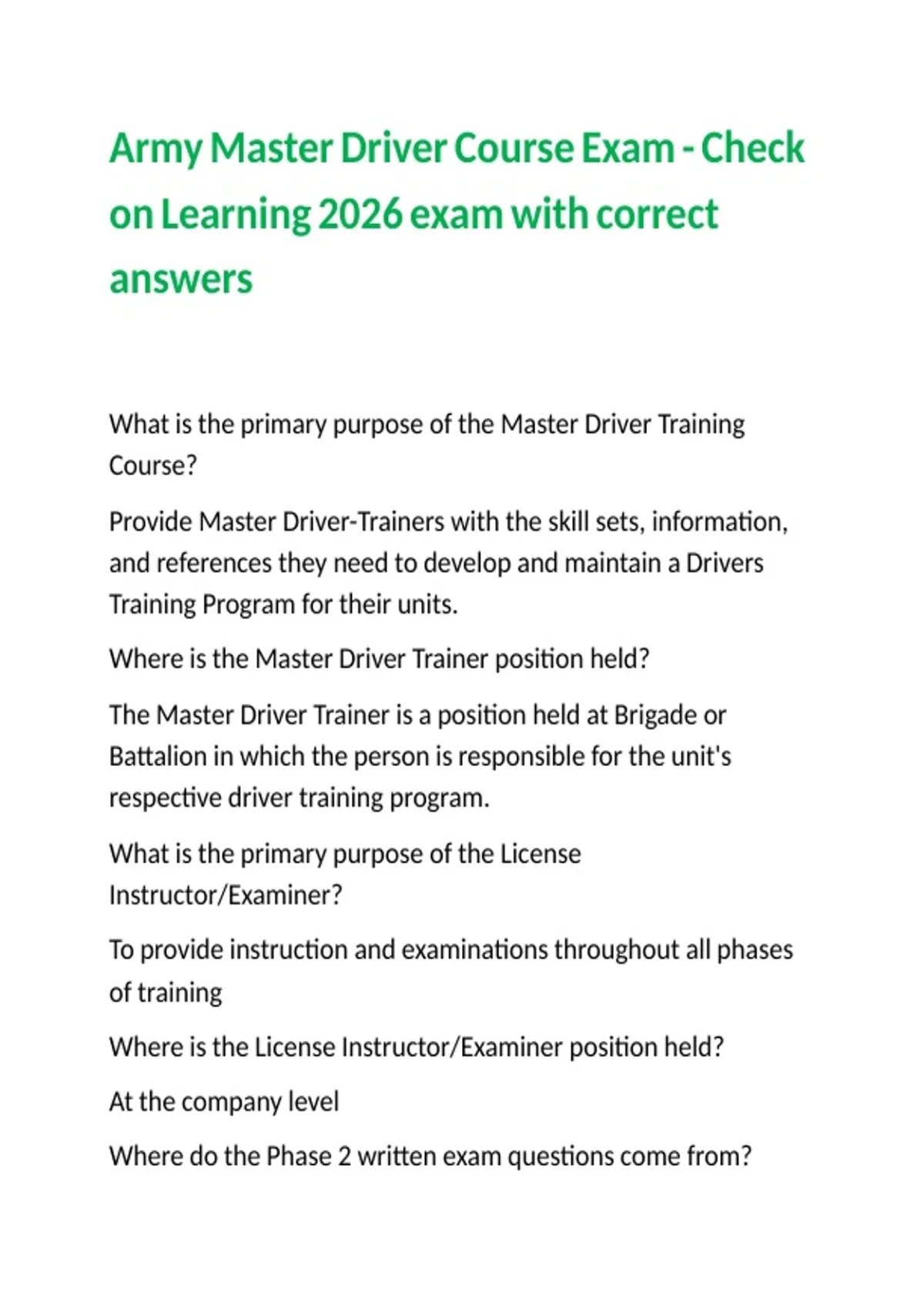 Army Master Driver Course Exam - Check on Learning 2026 exam with ...