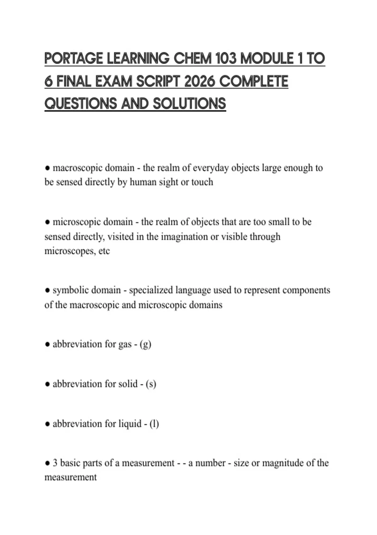 PORTAGE LEARNING CHEM 103 MODULE 1 TO 6 FINAL EXAM SCRIPT 2026 COMPLETE ...