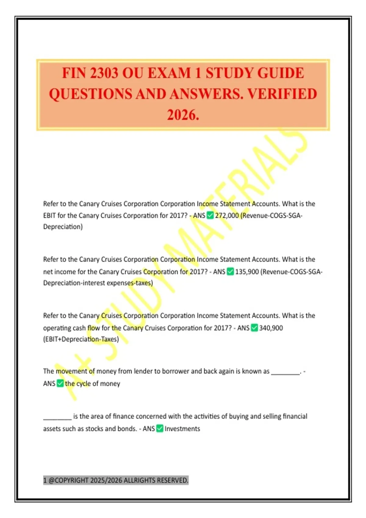 FIN 2303 OU EXAM 1 STUDY GUIDE QUESTIONS AND ANSWERS. VERIFIED 2026 ...