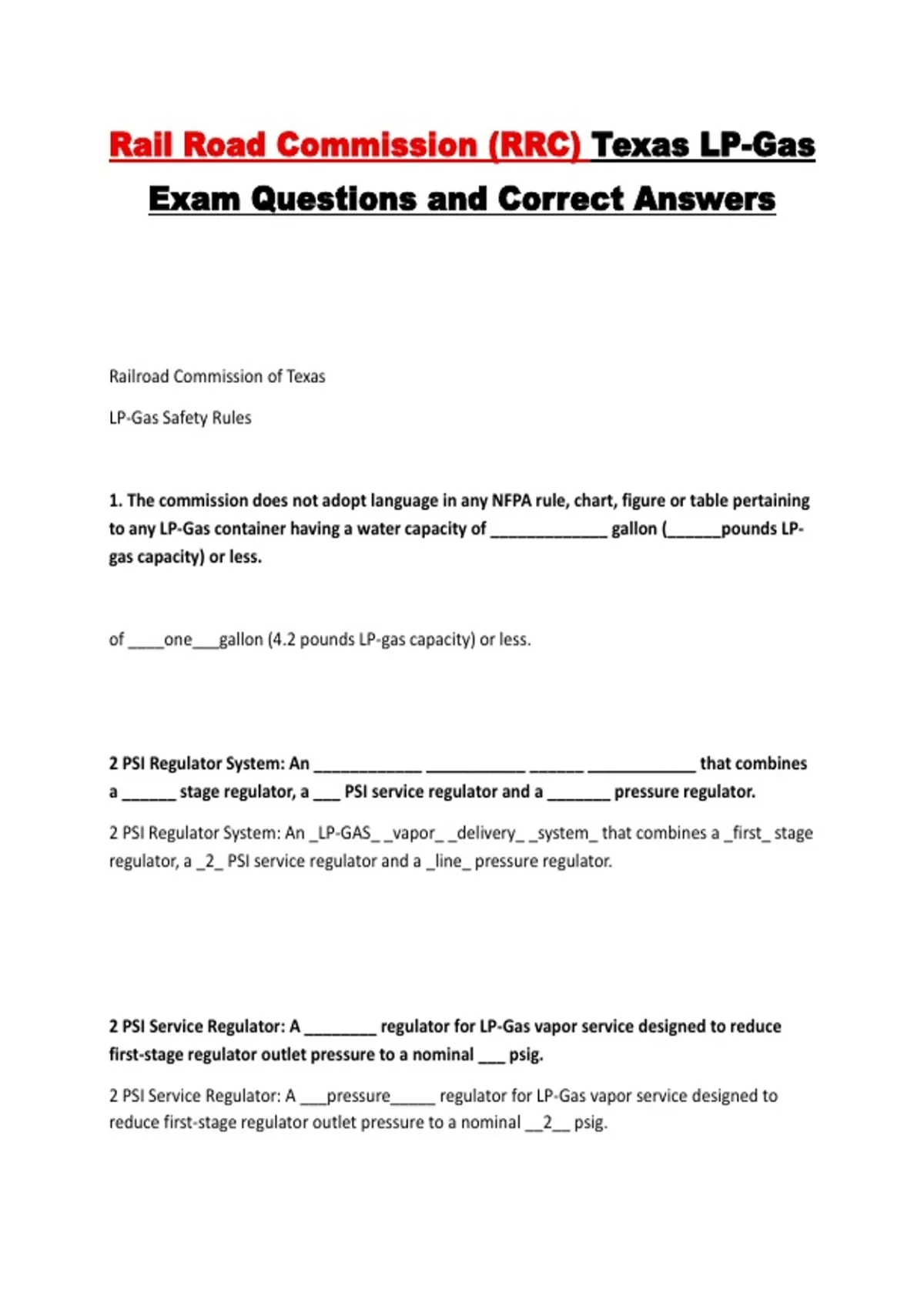 Rail Road Commission (RRC) Texas LP-Gas Exam Questions and Correct ...