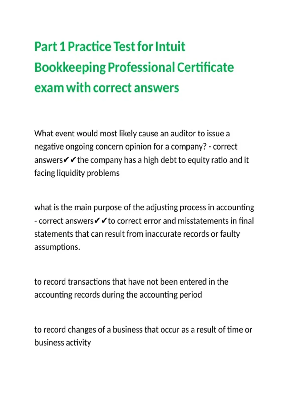 Part 1 Practice Test for Intuit Bookkeeping Professional Certificate ...